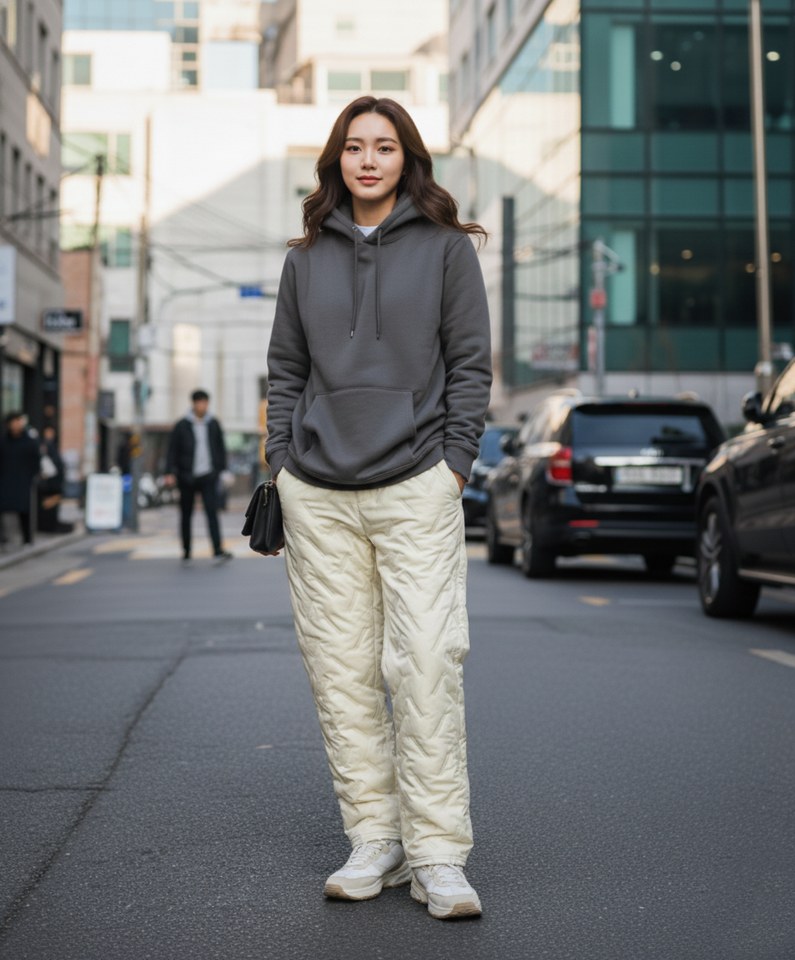 차콜·스카이블루 톤 재킷과 트레이닝팬츠 전신 코디 사진