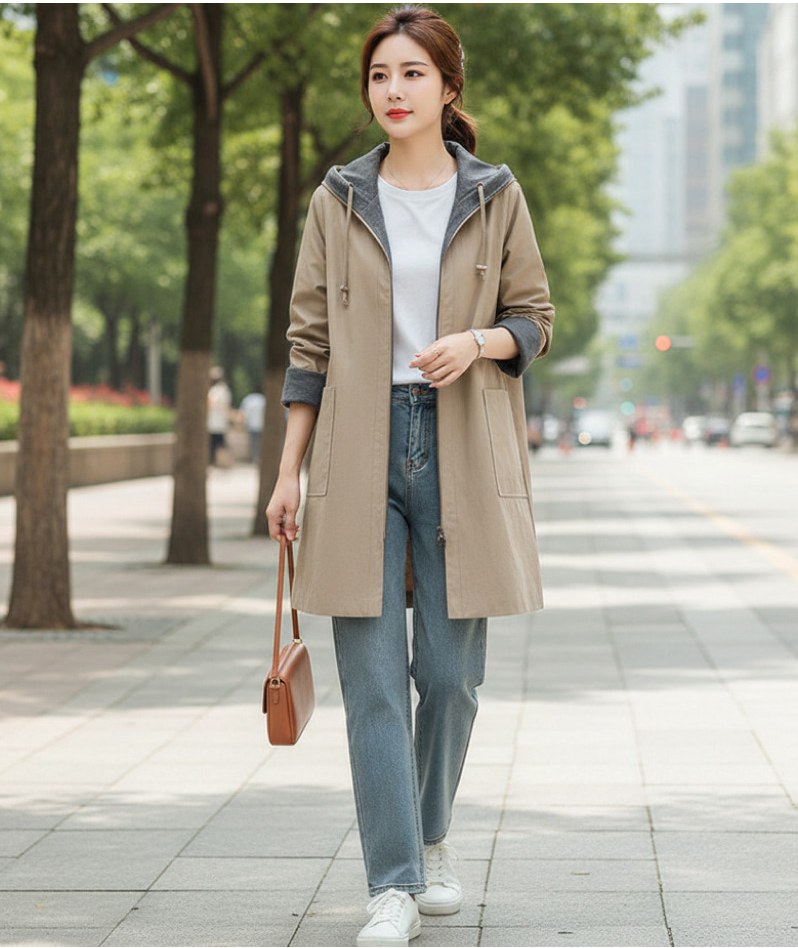 베이지·차콜 톤 코트와 나시 전신 코디 사진