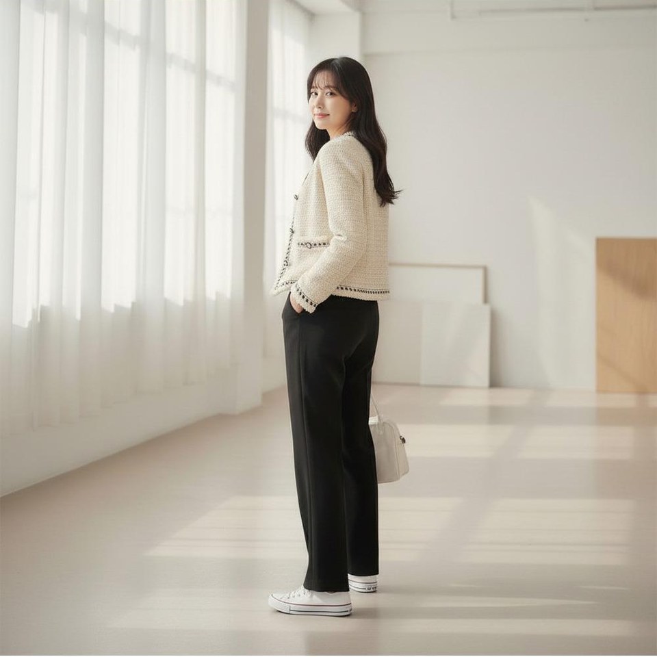 화이트·카키 톤 재킷과 와이드팬츠 전신 코디 사진